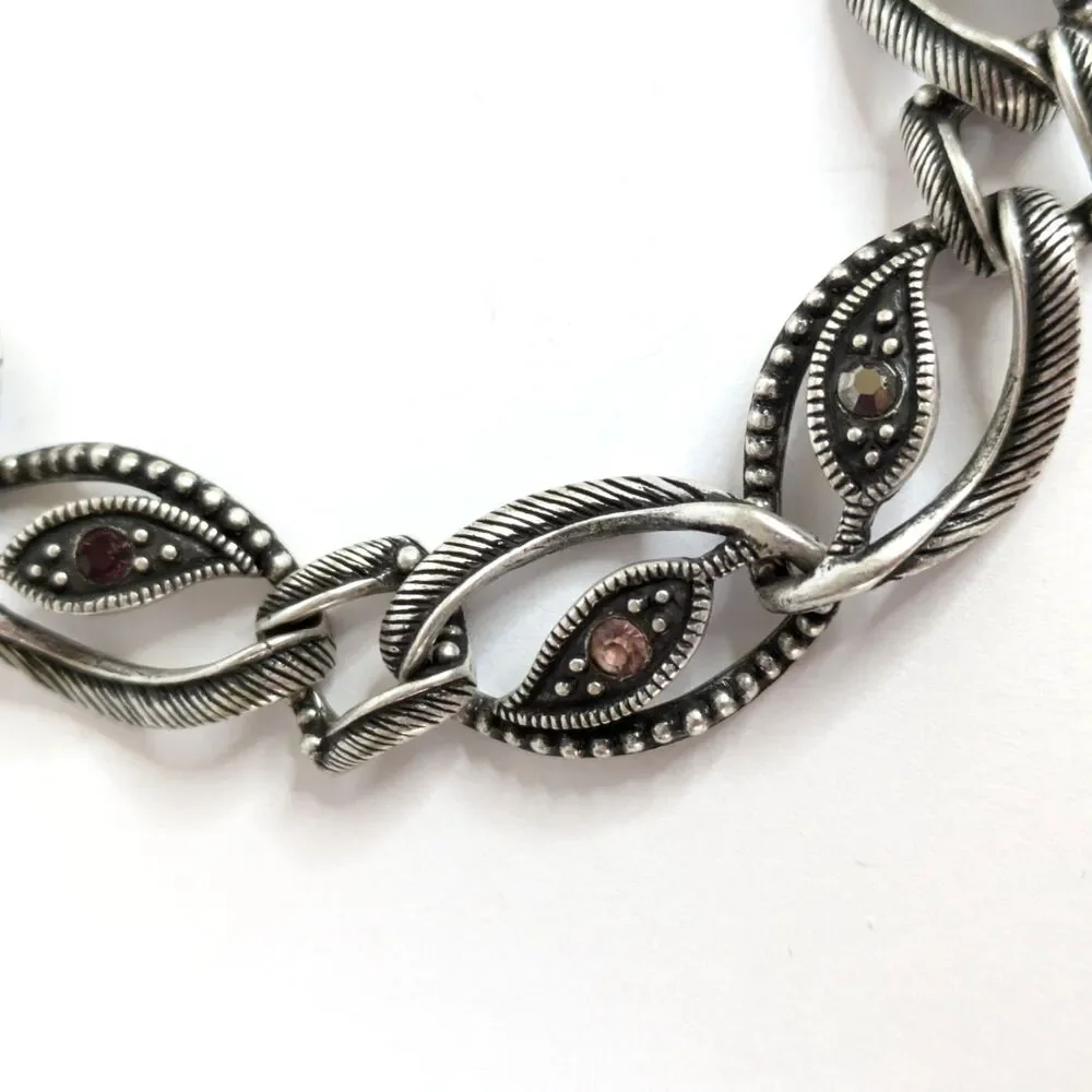 Marquise Eye Shaped Silver Tone Textured Link Bracelet Marcasite Style 6.5